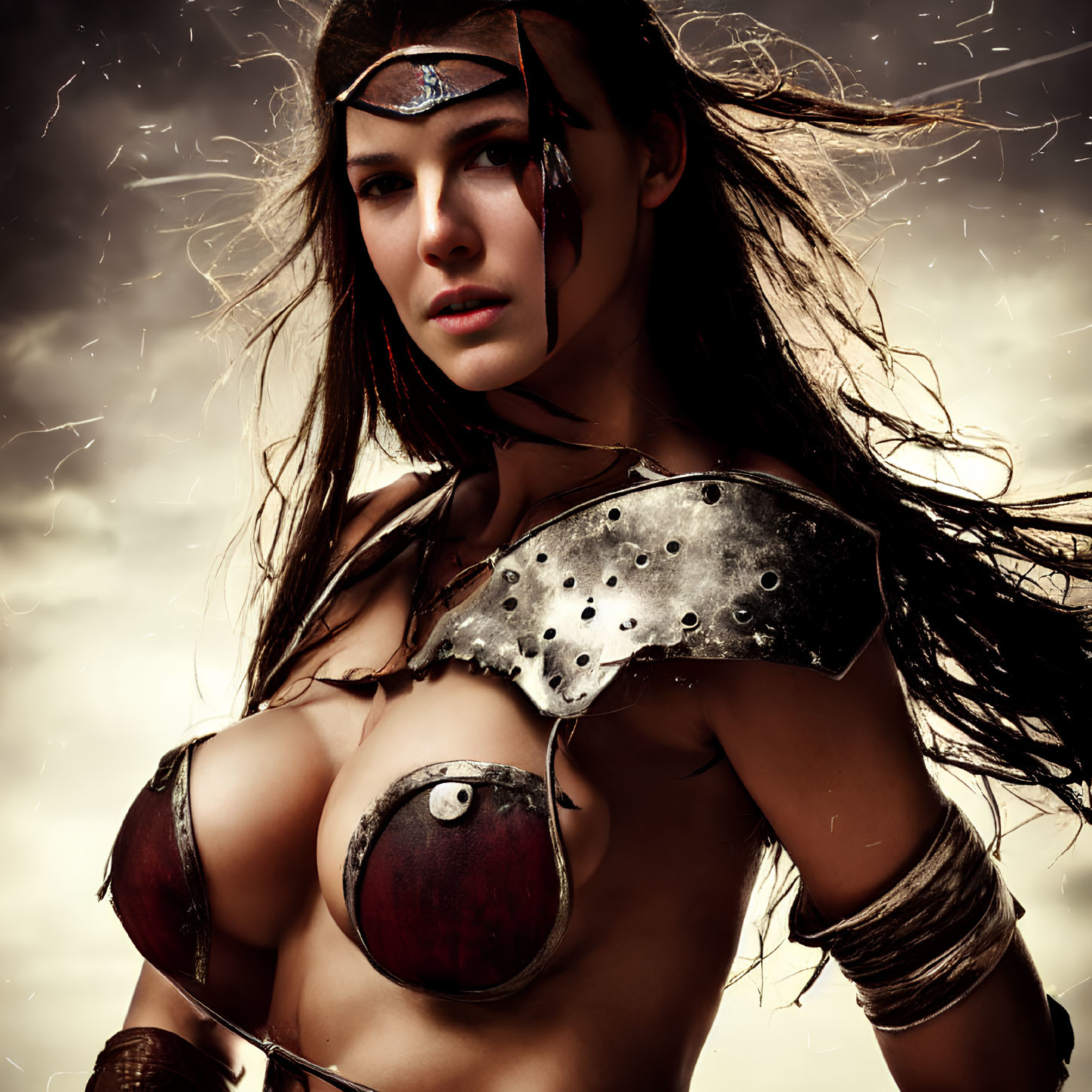Warrior woman in metal armor with flowing dark hair under dramatic sky