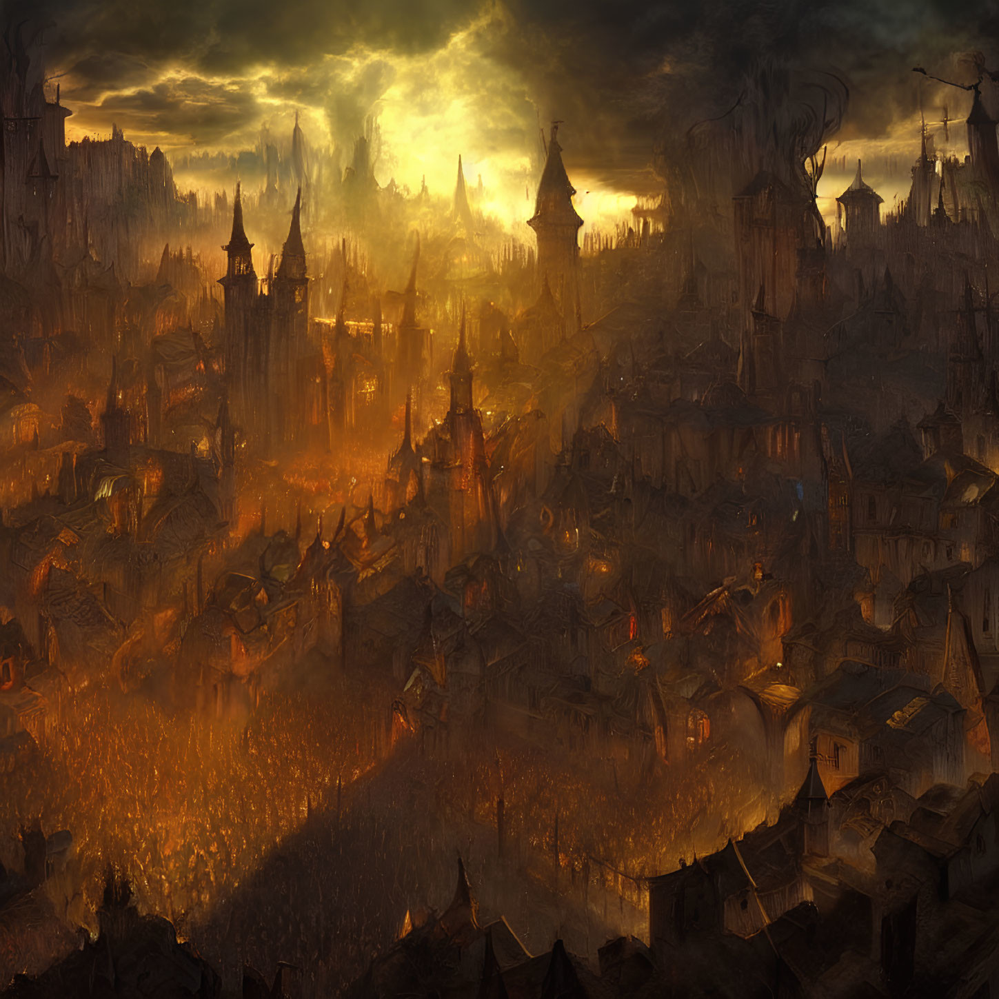 Fantasy cityscape with towering spires and glowing windows