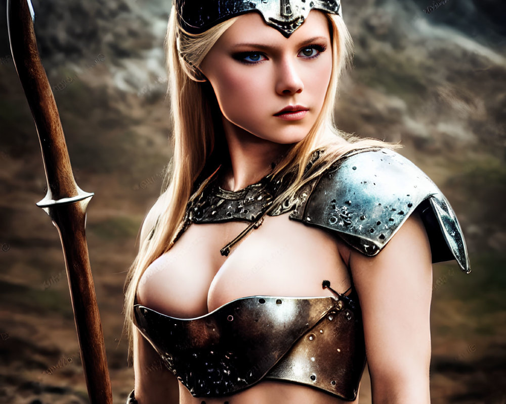 Viking-inspired woman in armor with spear against mountain backdrop