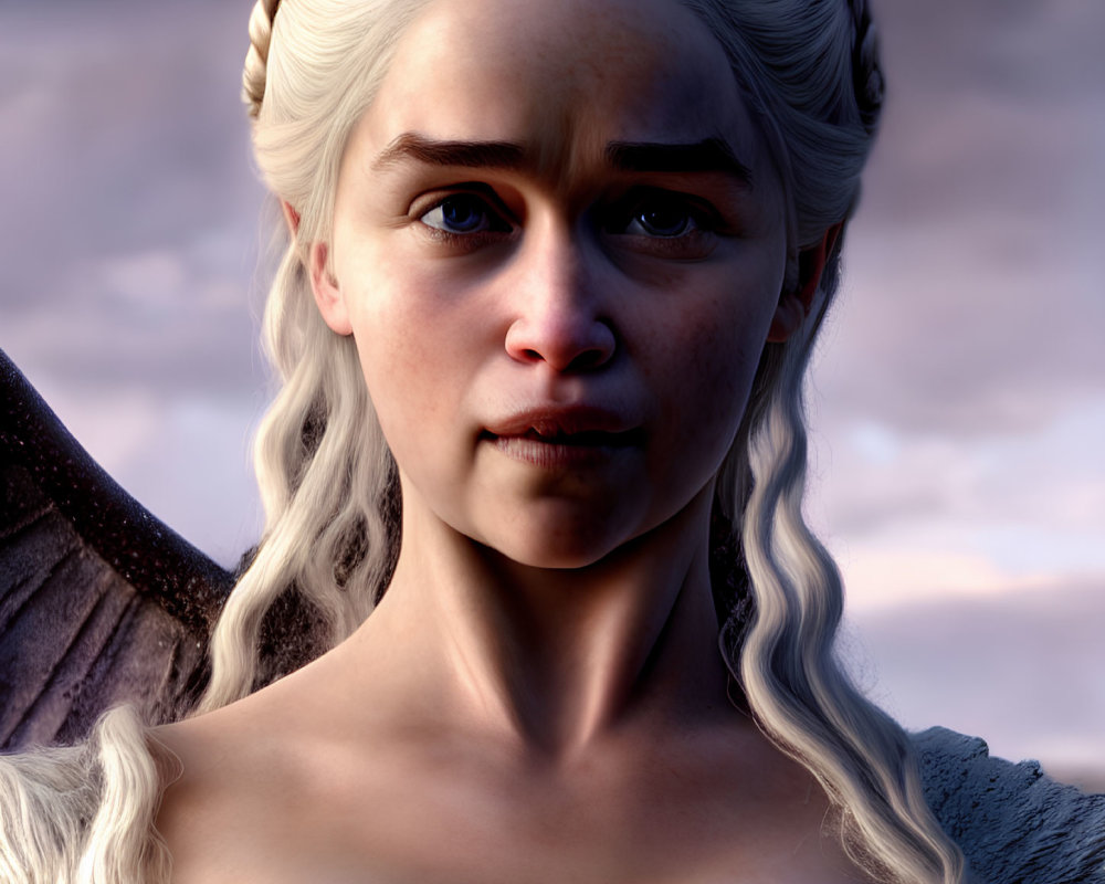 Digital portrait of woman with pale skin, white-blonde hair in braids, and dragon wings