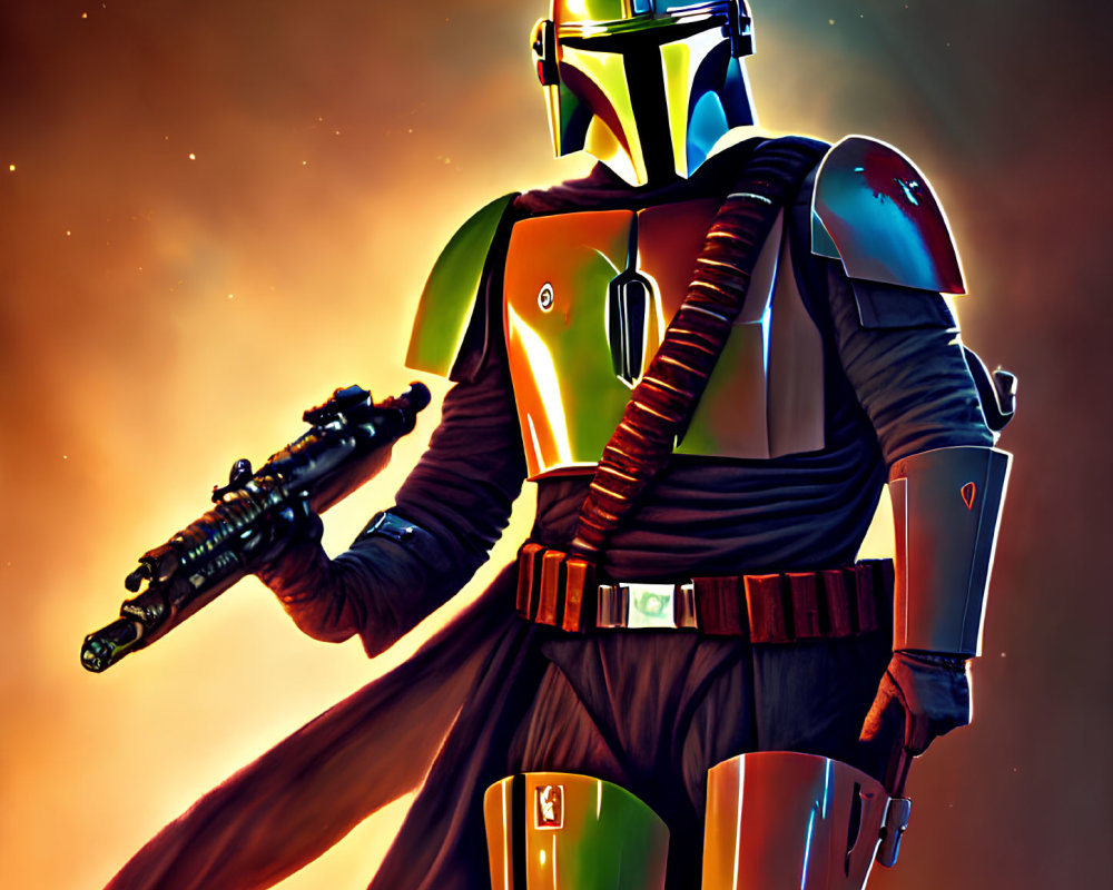 Colorful Mandalorian illustration in armor with blaster against orange-red backdrop