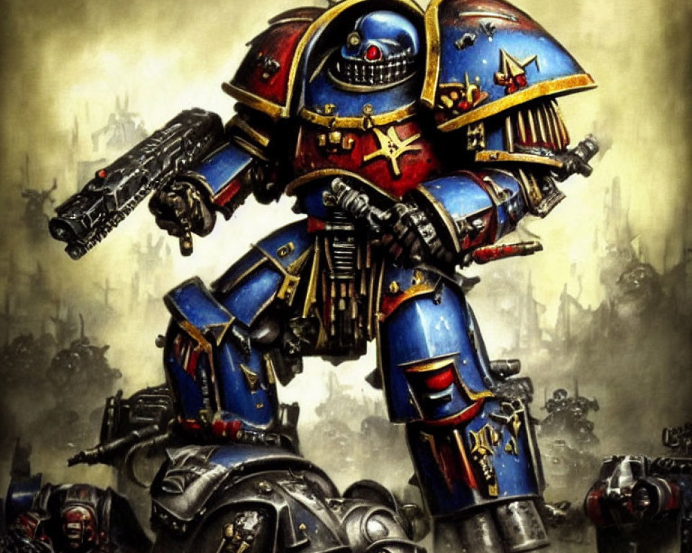 Blue and Red Armored Mechanical War Suit with Skull Motif in Smoky Battlefield