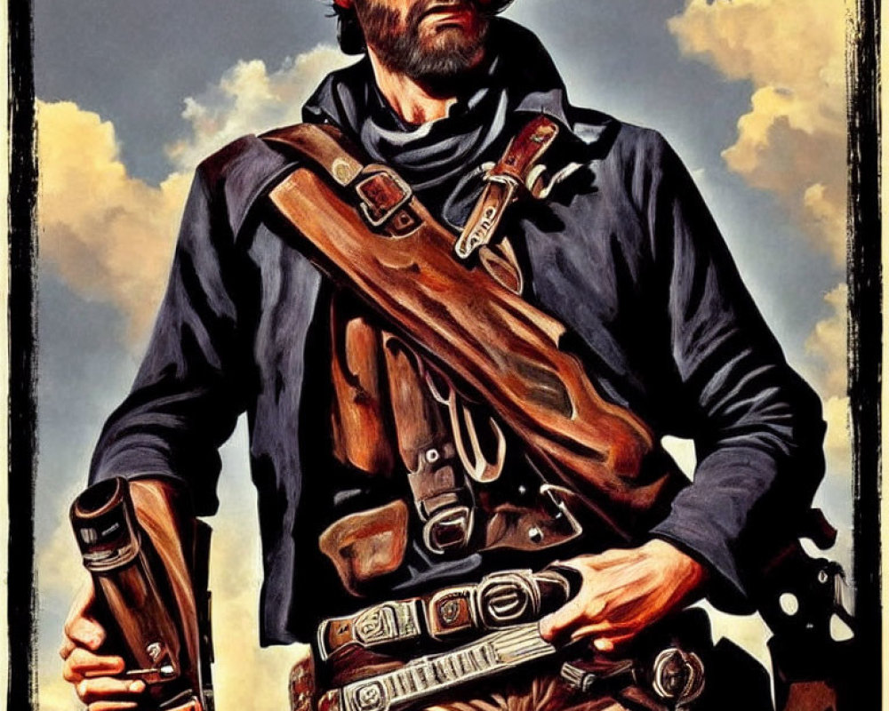 Cowboy with Rifle, Revolver, and Ammo Belt on Cloudy Sky Background