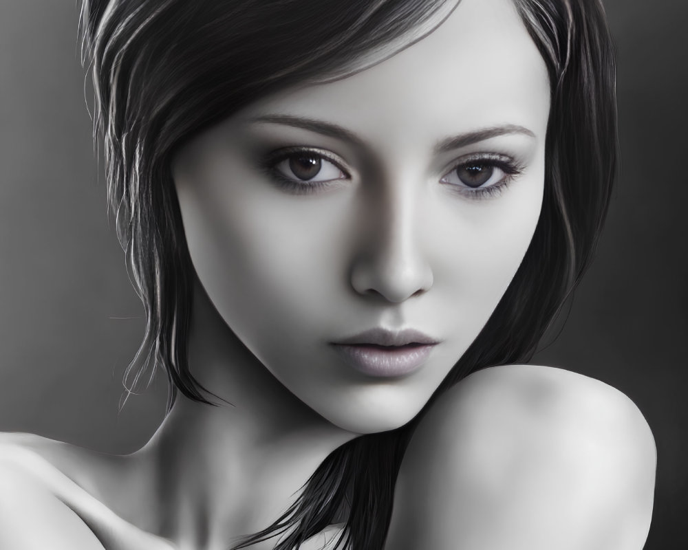 Grayscale digital portrait of woman with dark hair and captivating eyes