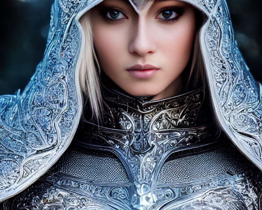Fantasy armor with intricate silver designs and blue-eyed figure