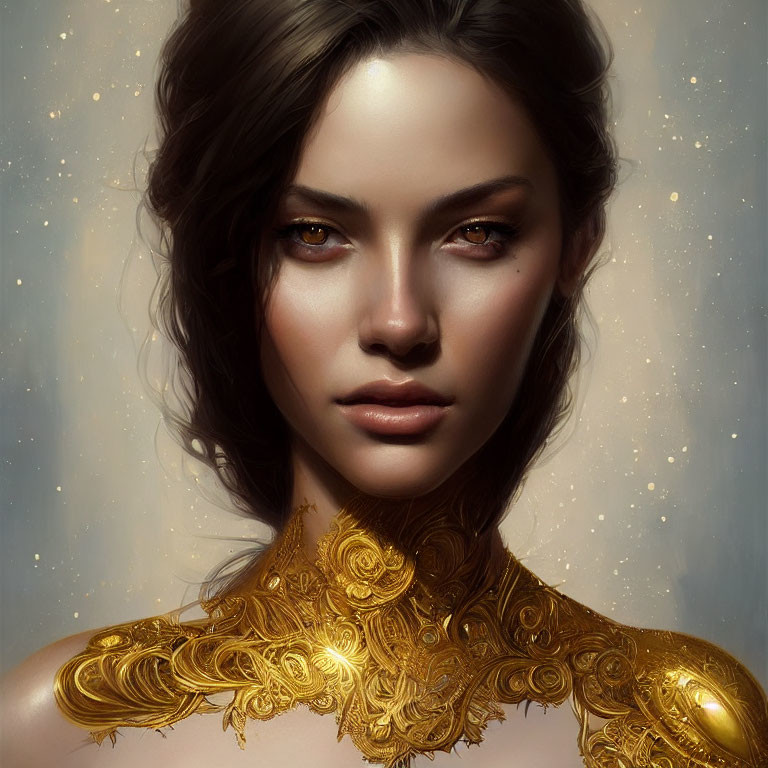 Detailed Digital Art Portrait: Woman with Gold Neckpiece, Hazel Eyes, Stars in Brown Hair