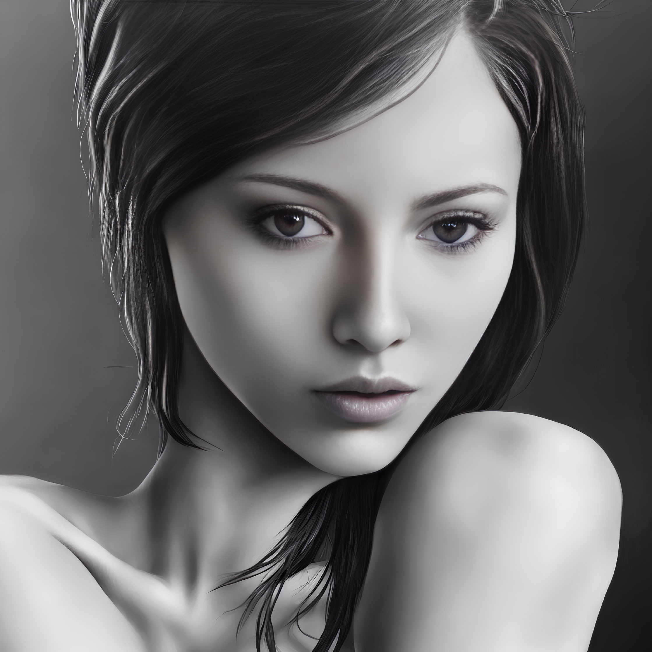 Grayscale digital portrait of woman with dark hair and captivating eyes