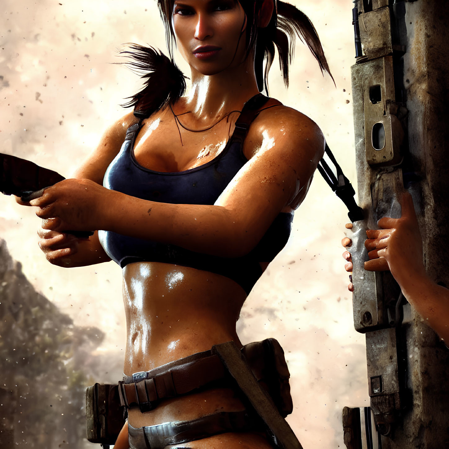 Digital artwork of female character with ponytail, tank top, and holster leaning against worn wall.