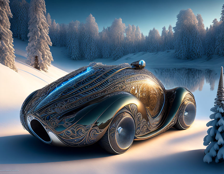 Futuristic ornate car in snowy twilight landscape
