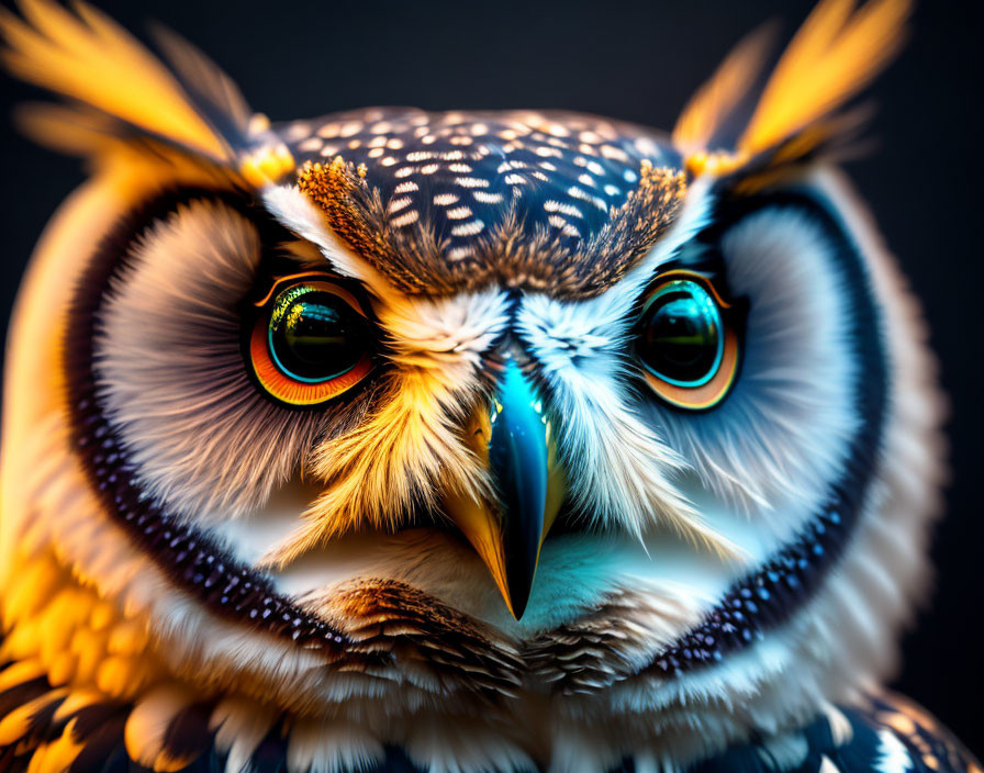 Vividly Colored Owl with Green Eyes and Prominent Feathers