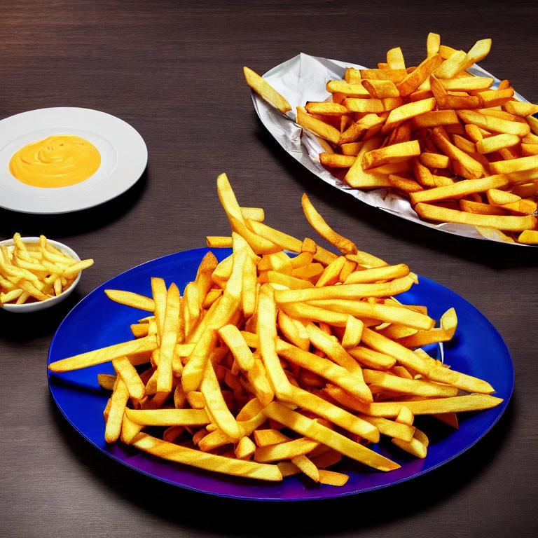 Golden French Fries Served on Blue Plate with Dipping Sauce