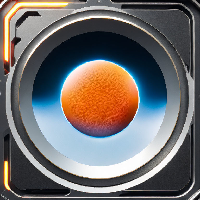 Futuristic circular device with glowing orange and blue orb center