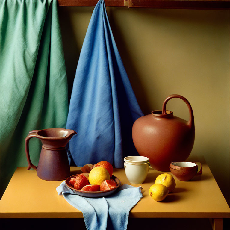 Still life composition with terracotta jug, pitcher, fruit, cups, and draped fabrics