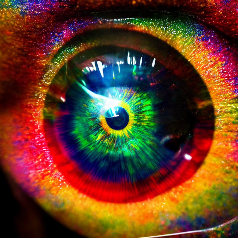 Detailed close-up of vibrant multicolored human iris with intricate patterns and dark pupil