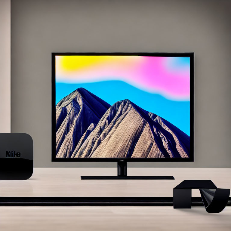 Colorful Mountain Landscape Displayed on Modern TV with Remote Control and Speaker