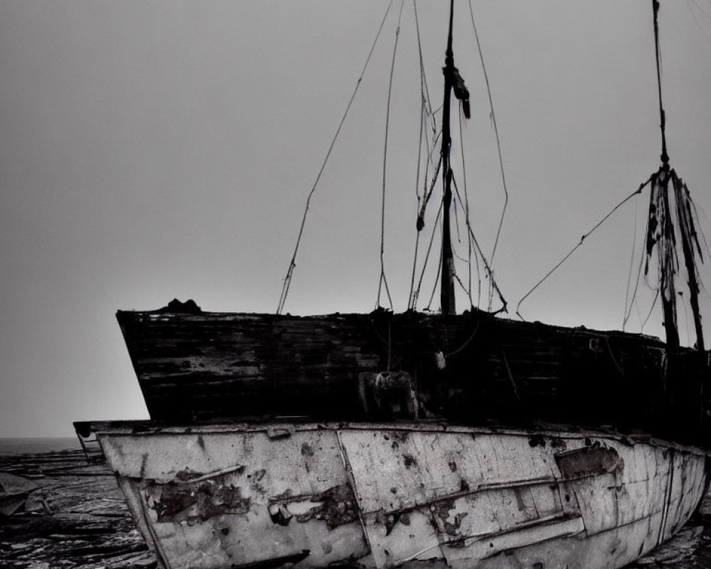 Weathered boat stranded in barren landscape under overcast sky