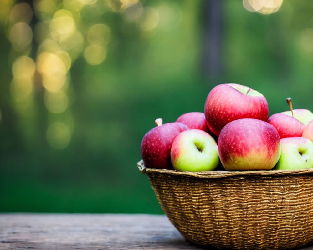 Basket of Red Apples on Wooden Surface with Green Foliage Background
