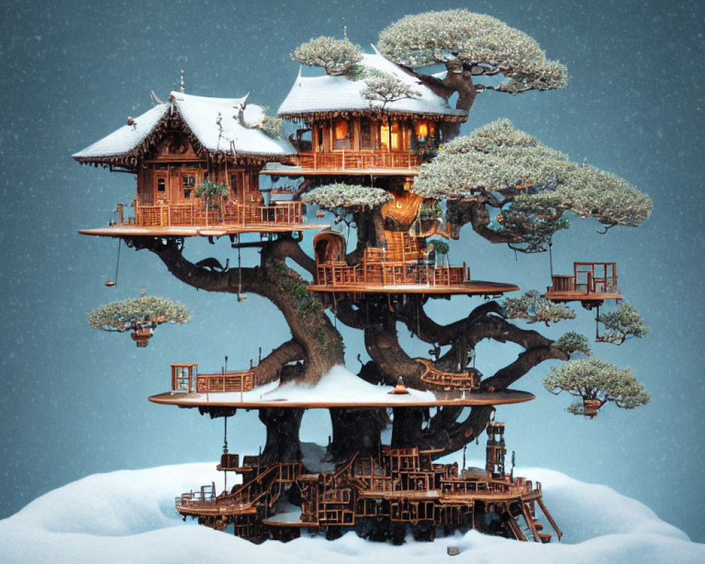 Whimsical digital artwork of a treehouse in a snowfall