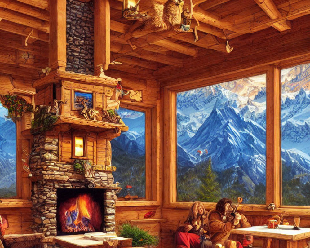 Rustic cabin interior with fireplace, couple admiring mountain view at sunset