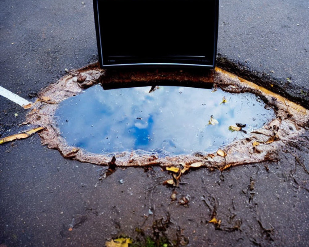 Vintage TV in water-filled pothole on asphalt road with fallen leaves