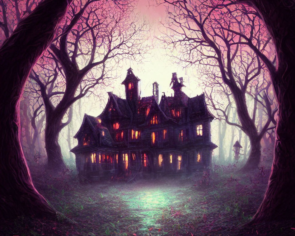 Gothic-style mansion in enchanted purple forest at twilight