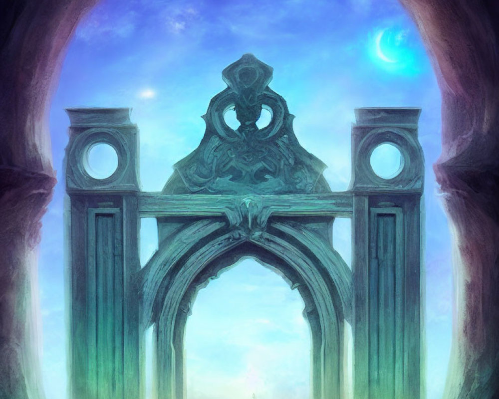 Ornate archway under mystic blue sky with figure - fantasy scene