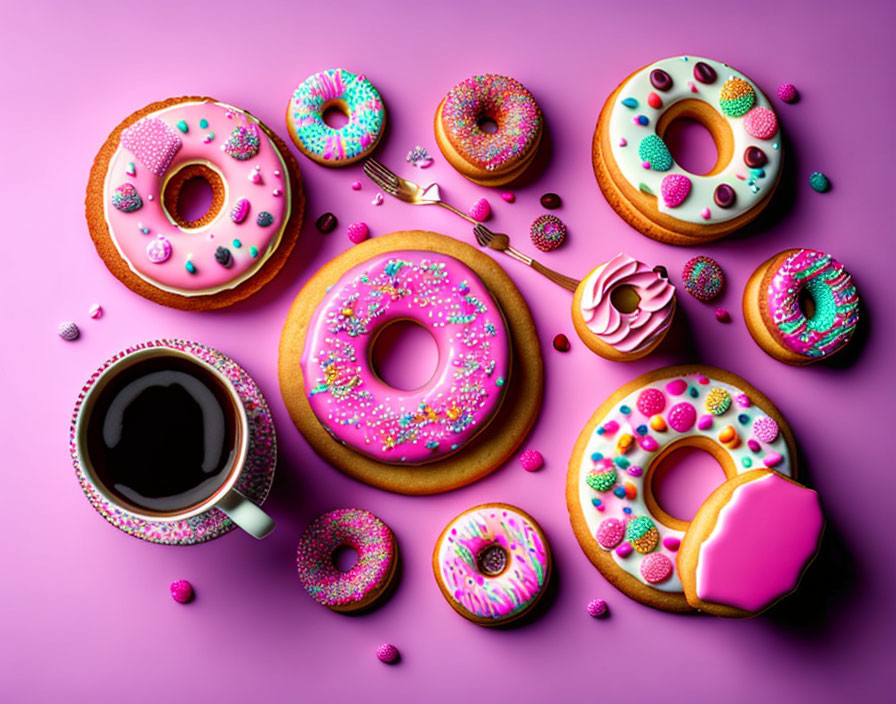 Vibrant doughnuts with sprinkles on purple backdrop with coffee