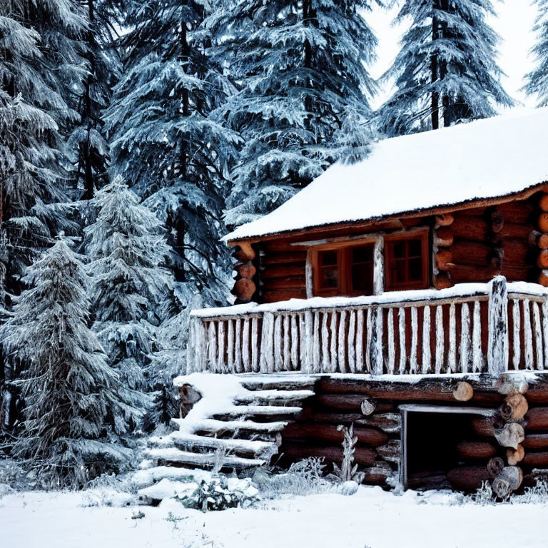 Snow-covered log cabin nestled among frosty pine trees in serene winter landscape