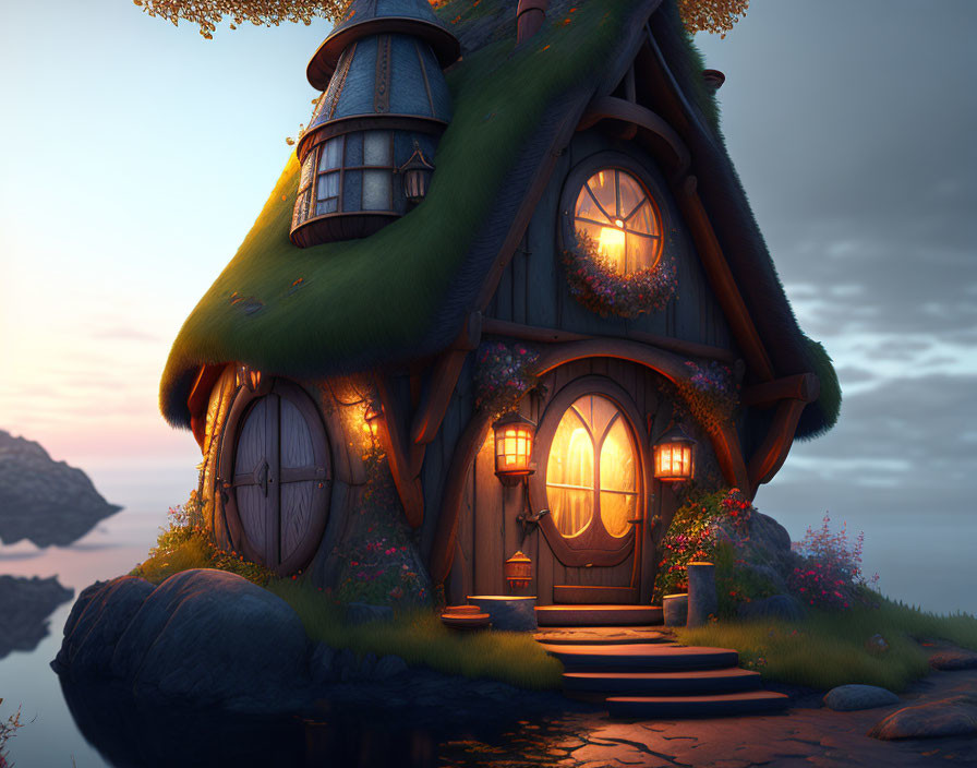Thatched Roof Cottage with Warm Interior Lights at Dusk