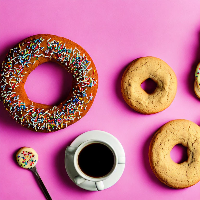 Assorted donuts with chocolate frosting, plain donuts, and coffee on pink background