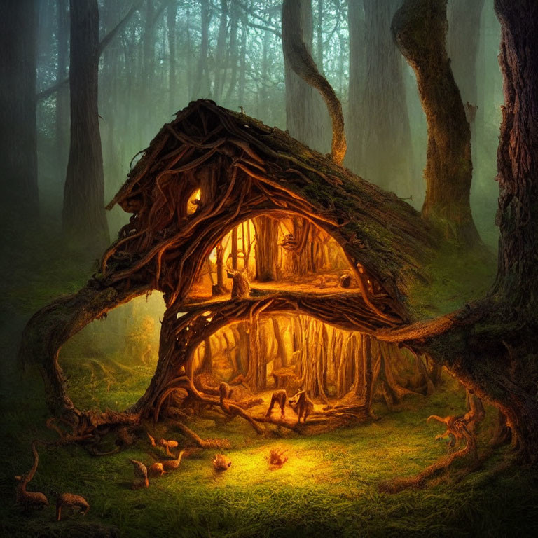 Enchanting illuminated tree hollow resembling fairy-tale cottage