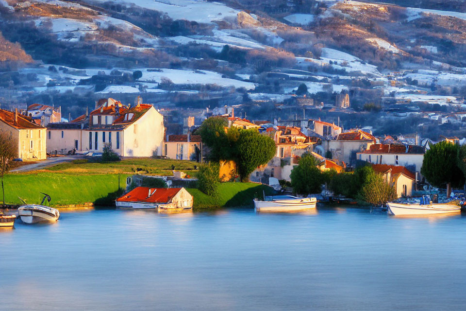 Traditional Village by Calm River with Snowy Hills at Sunset