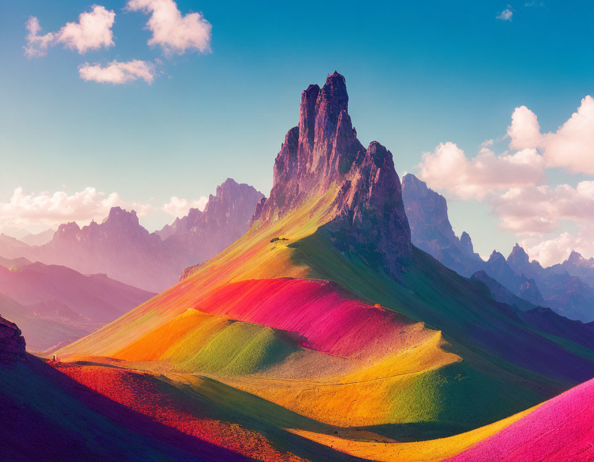 Colorful Hills and Mountain Peak Landscape with Pastel Sky