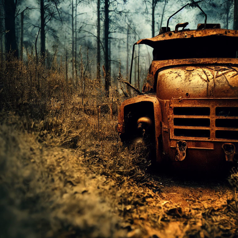 Abandoned rusted truck in foggy overgrown forest