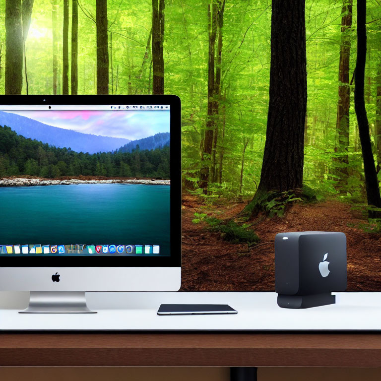 Desktop Computer Setup with Scenic Wallpaper and Forest Background