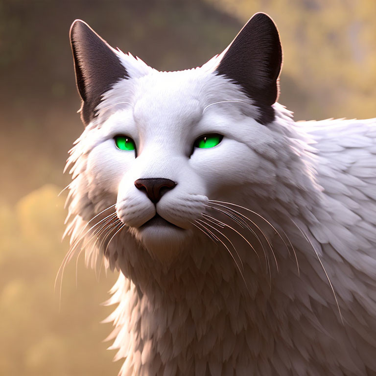 White animated cat with green eyes and whiskers on blurred background