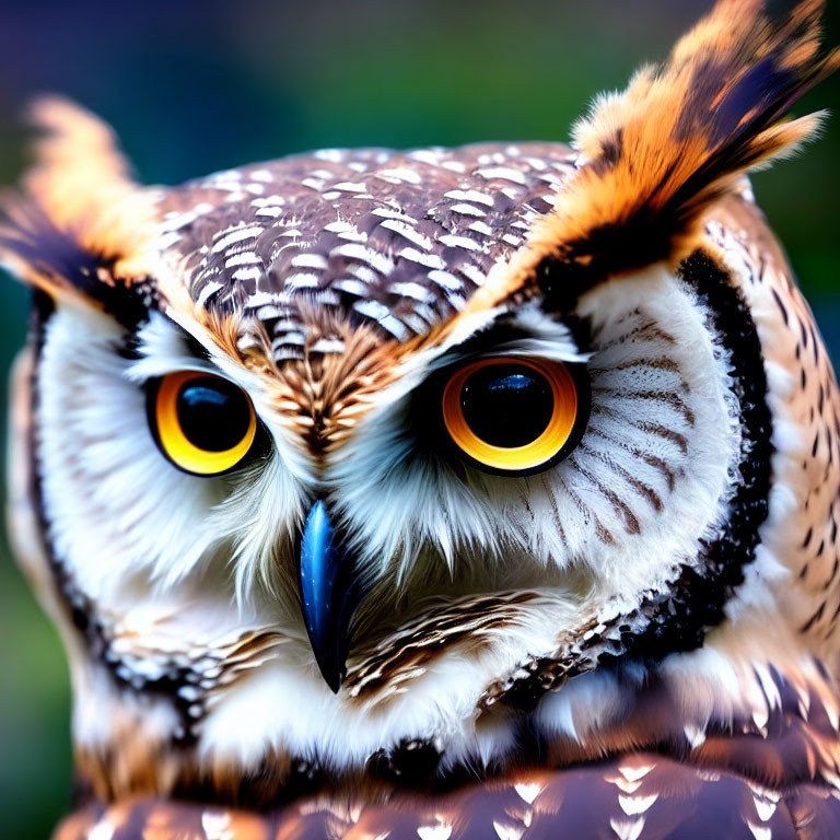 Striped owl with large yellow eyes and tufted ears in close-up view