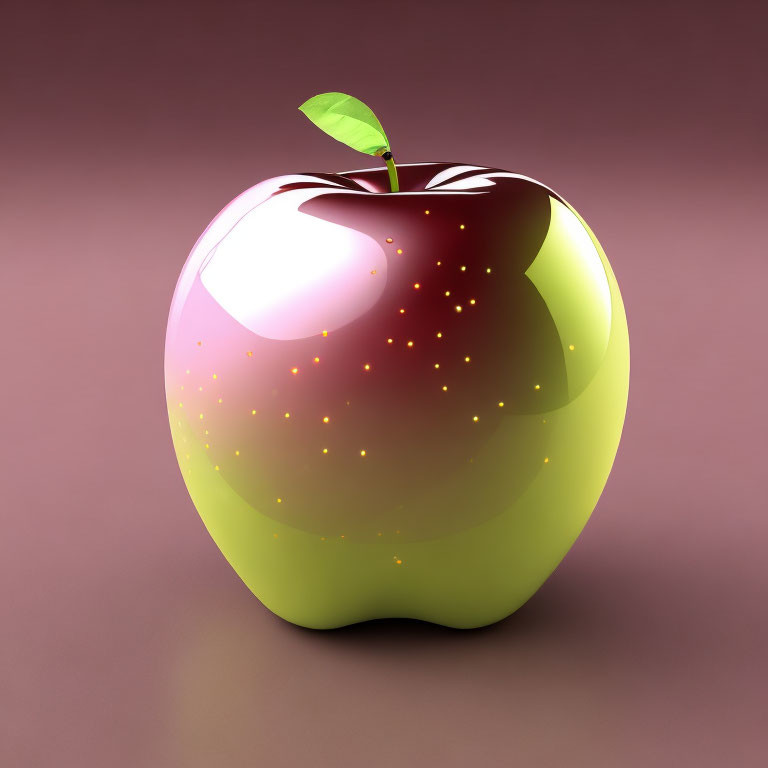 Shiny gradient apple on pink background with green leaf
