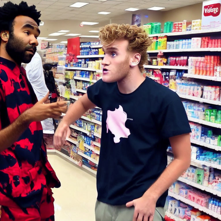 Two men in a supermarket aisle, one in a black t-shirt with a pink design, the other