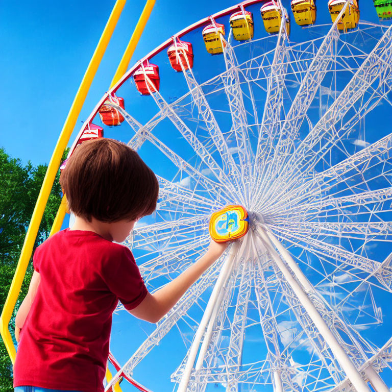 Child in red shirt with magnifying glass examines Ferris wheel under blue sky