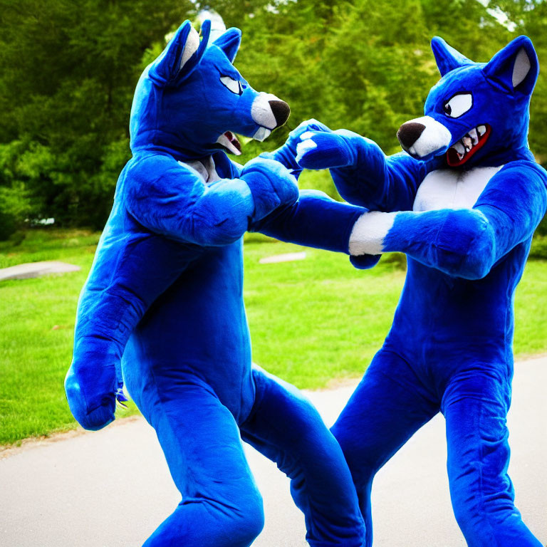 Blue wolf costume individuals engaging in playful interaction at grassy park