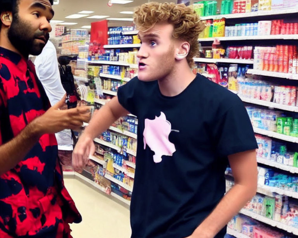 Two men in a supermarket aisle, one in a black t-shirt with a pink design, the other