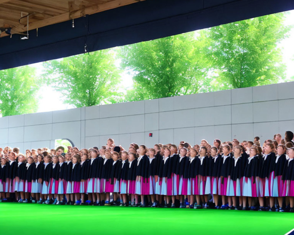 Girls Choir in Uniform with Colorful Skirts on Stage with Trees