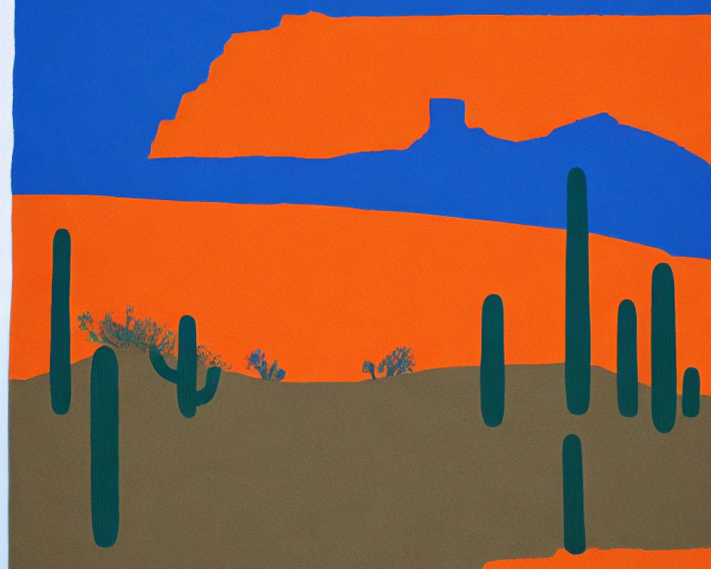 Vibrant desert landscape with blue sky, orange cliffs, green cactus, and brown ground