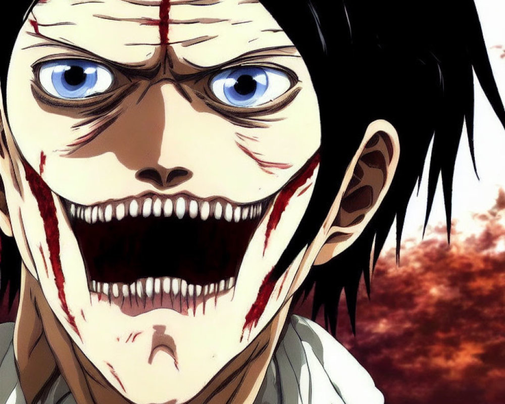Character with Blue Eyes, Black Hair, Red Scars, and Grinning Smile