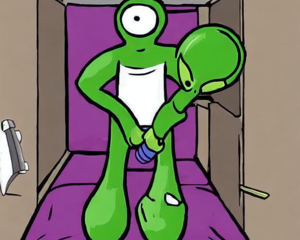 Green one-eyed alien cartoon character on purple bed holding smaller green figure