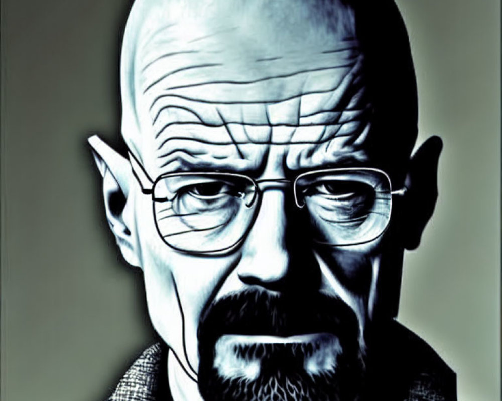 Stylized portrait of bald man with glasses and goatee in shirt and jacket