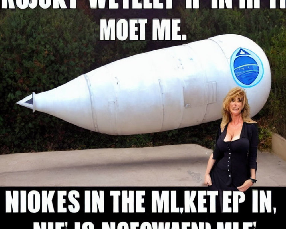 Person standing in front of large rocket model with altered text in background