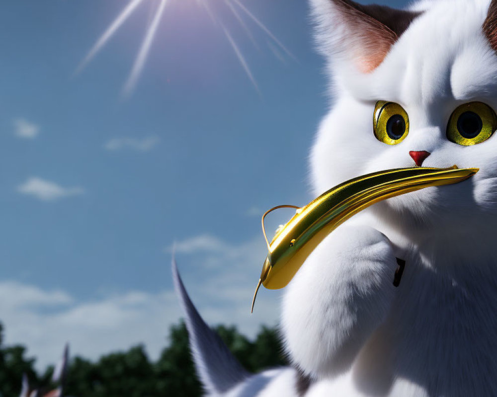 Fluffy white cat 3D illustration with yellow eyes and golden saxophone under sunny sky
