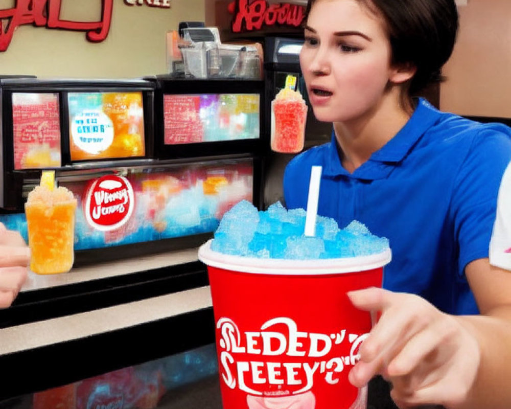 Woman in blue uniform serving large blue slushy drink at counter